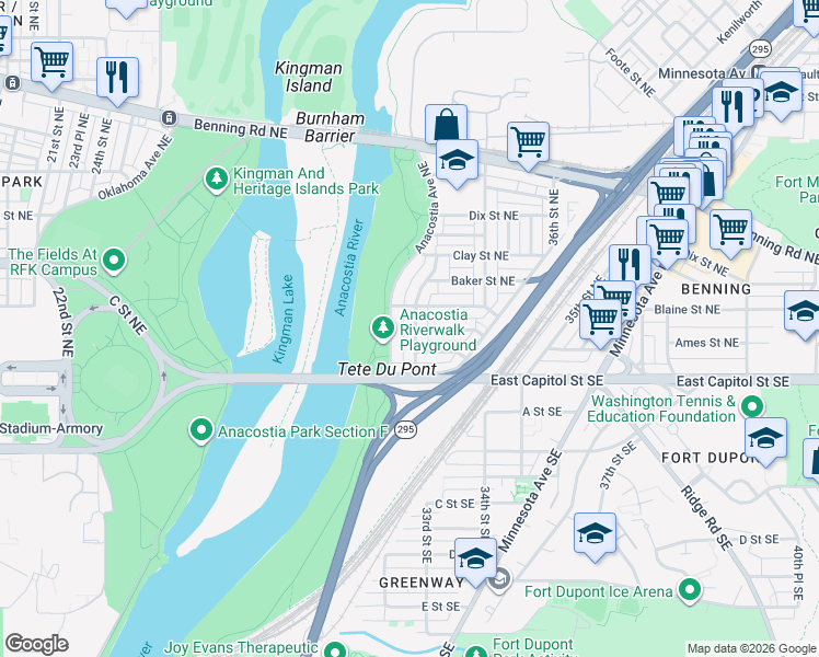 map of restaurants, bars, coffee shops, grocery stores, and more near 128 33rd Street Northeast in Washington