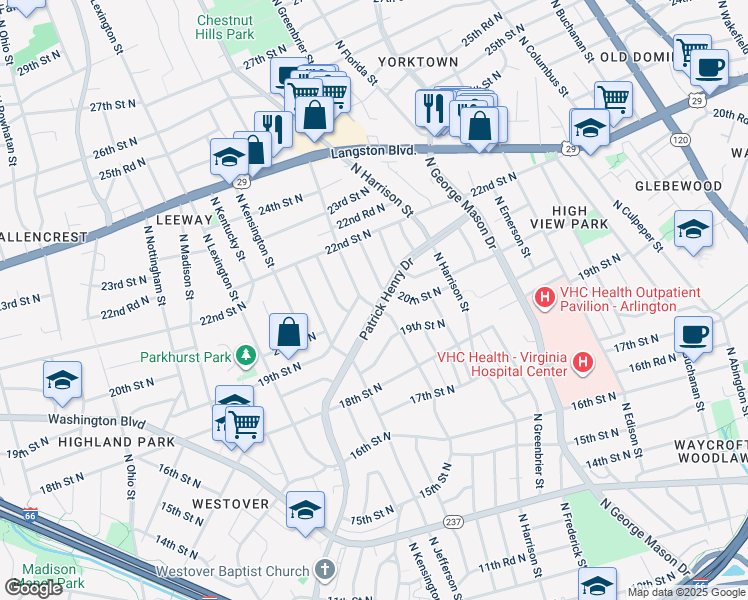 map of restaurants, bars, coffee shops, grocery stores, and more near 1880 Patrick Henry Drive in Arlington