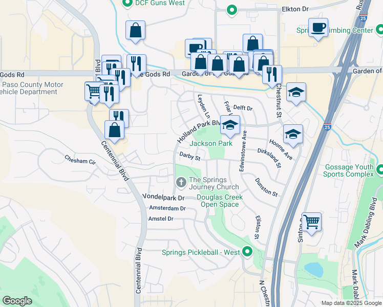 map of restaurants, bars, coffee shops, grocery stores, and more near 4118 Forrest Hill Road in Colorado Springs