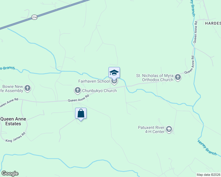 map of restaurants, bars, coffee shops, grocery stores, and more near 18281 Queen Anne Road in Upper Marlboro
