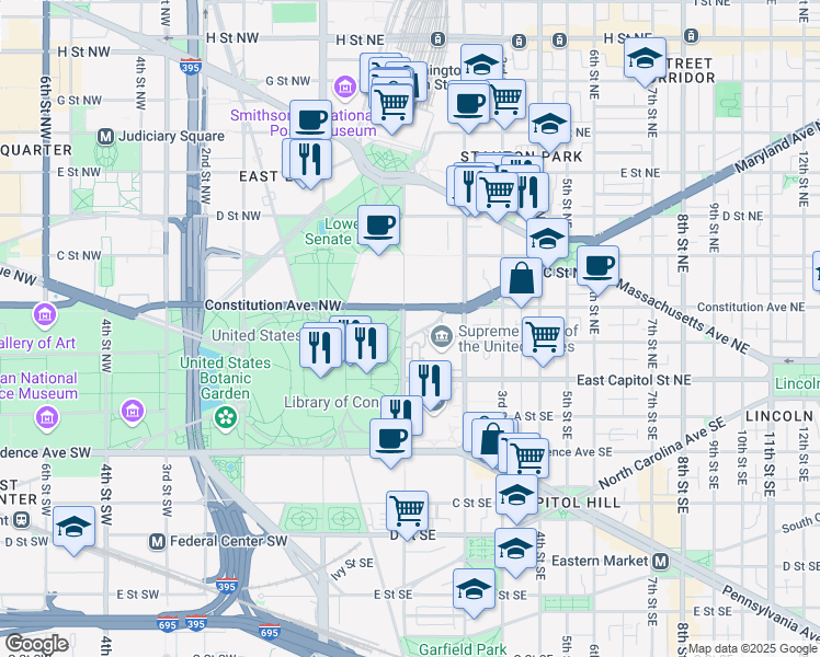 map of restaurants, bars, coffee shops, grocery stores, and more near 100 Maryland Avenue Northeast in Washington