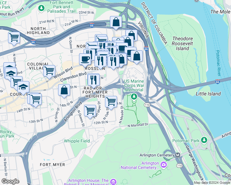 map of restaurants, bars, coffee shops, grocery stores, and more near 1423 North Nash Street in Arlington