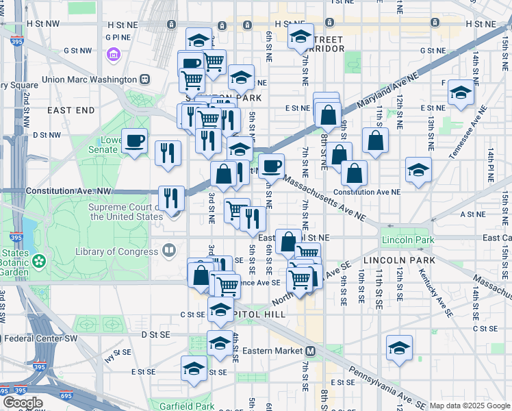 map of restaurants, bars, coffee shops, grocery stores, and more near 101 Independence Avenue Southeast in Washington