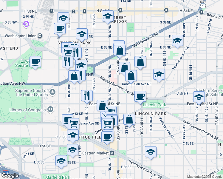 map of restaurants, bars, coffee shops, grocery stores, and more near 101 Independence Avenue Southeast in Washington