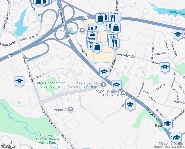 map of restaurants, bars, coffee shops, grocery stores, and more near 213 College Station Drive in Upper Marlboro