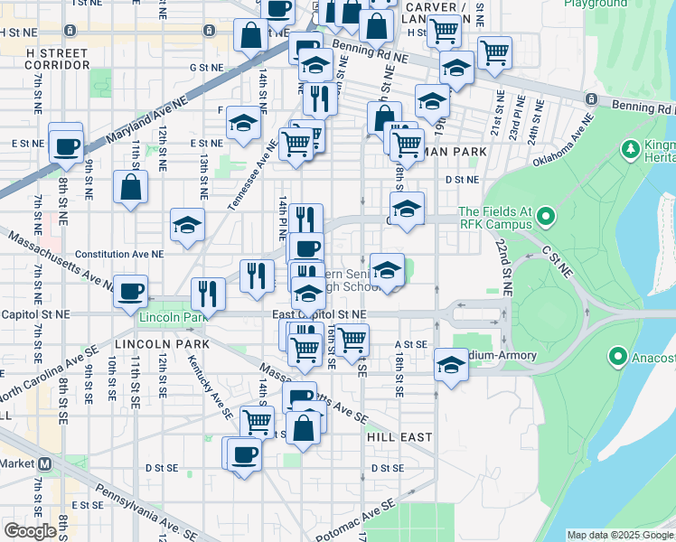map of restaurants, bars, coffee shops, grocery stores, and more near 115 16th Street Northeast in Washington