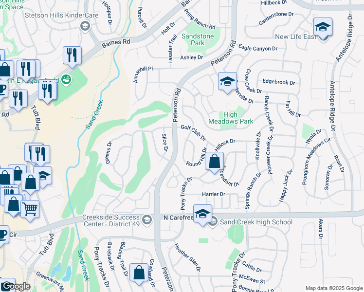 map of restaurants, bars, coffee shops, grocery stores, and more near 4262 Round Hill Drive in Colorado Springs