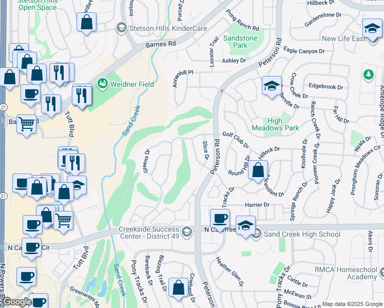 map of restaurants, bars, coffee shops, grocery stores, and more near 4282 Tee Shot Drive in Colorado Springs