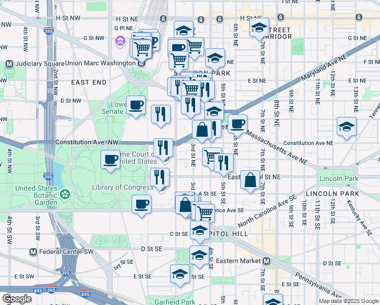 map of restaurants, bars, coffee shops, grocery stores, and more near 101 Independence Avenue Southeast in Washington