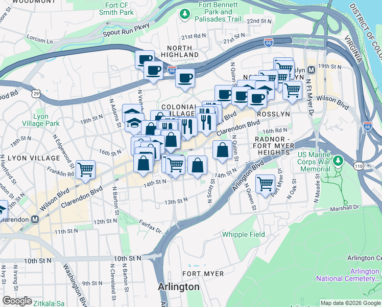 map of restaurants, bars, coffee shops, grocery stores, and more near 101 Independence Avenue Southeast in Washington