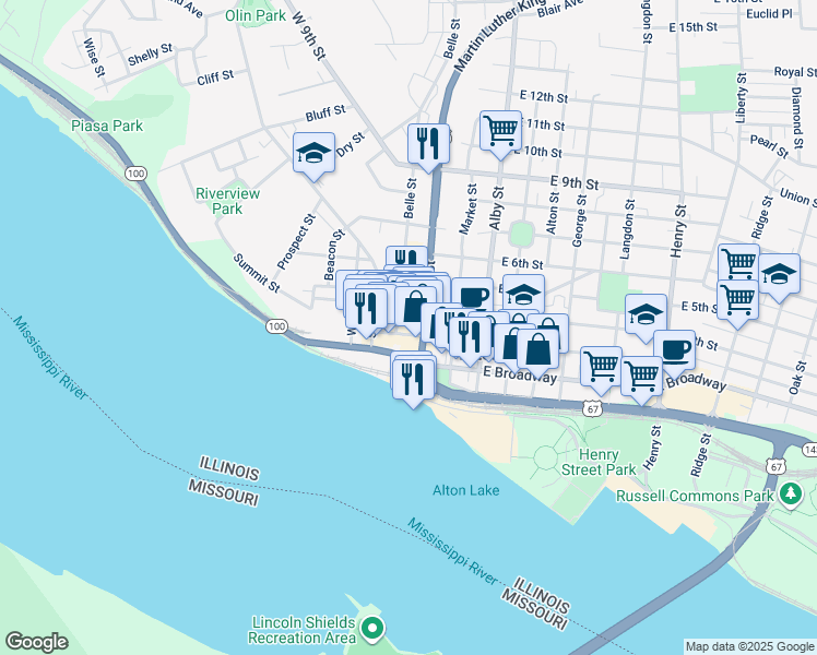map of restaurants, bars, coffee shops, grocery stores, and more near 331 Belle Street in Alton