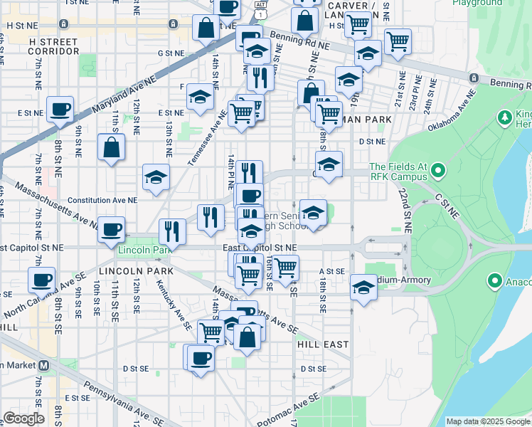 map of restaurants, bars, coffee shops, grocery stores, and more near 116 16th Street Northeast in Washington