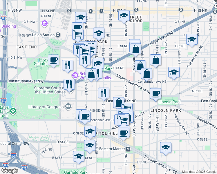 map of restaurants, bars, coffee shops, grocery stores, and more near 101 Independence Avenue Southeast in Washington