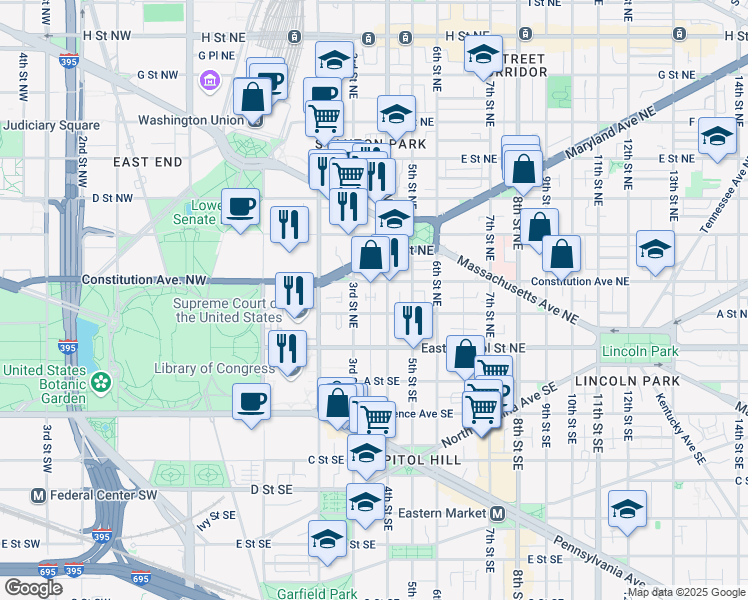 map of restaurants, bars, coffee shops, grocery stores, and more near 101 Independence Avenue Southeast in Washington