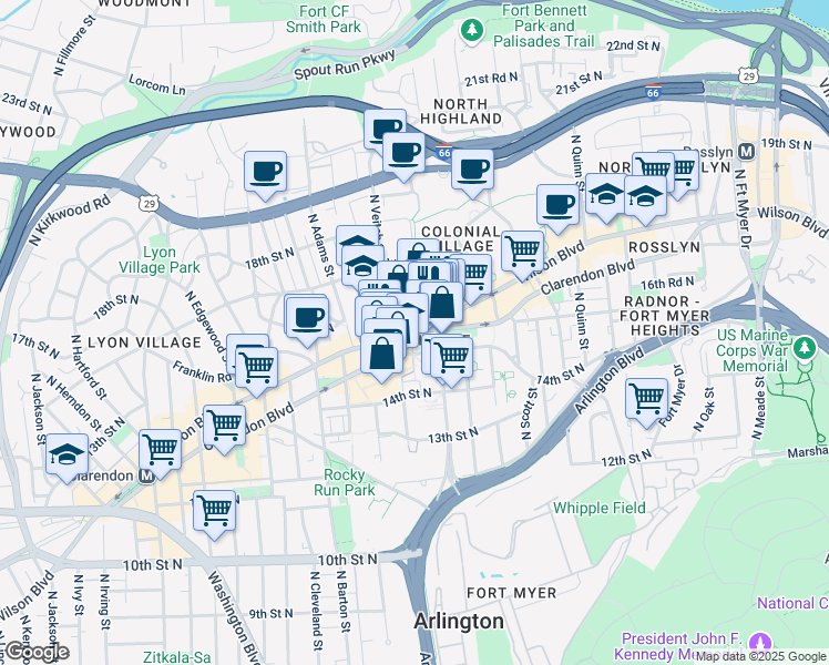 map of restaurants, bars, coffee shops, grocery stores, and more near 2100 North Clarendon Boulevard in Arlington