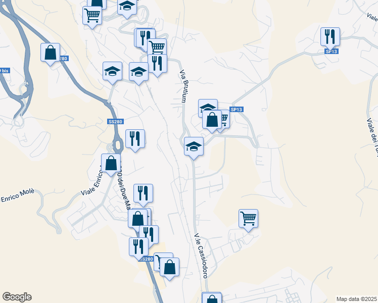 map of restaurants, bars, coffee shops, grocery stores, and more near 63 Viale degli Angioini in Catanzaro