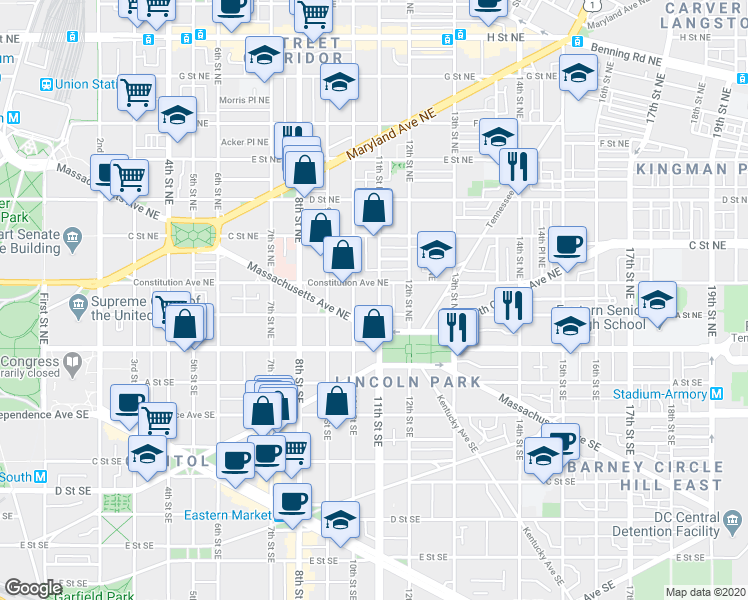 map of restaurants, bars, coffee shops, grocery stores, and more near 136 11th Street Northeast in Washington