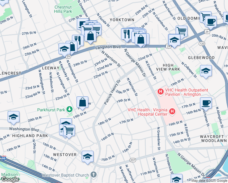 map of restaurants, bars, coffee shops, grocery stores, and more near 1891 Patrick Henry Drive in Arlington