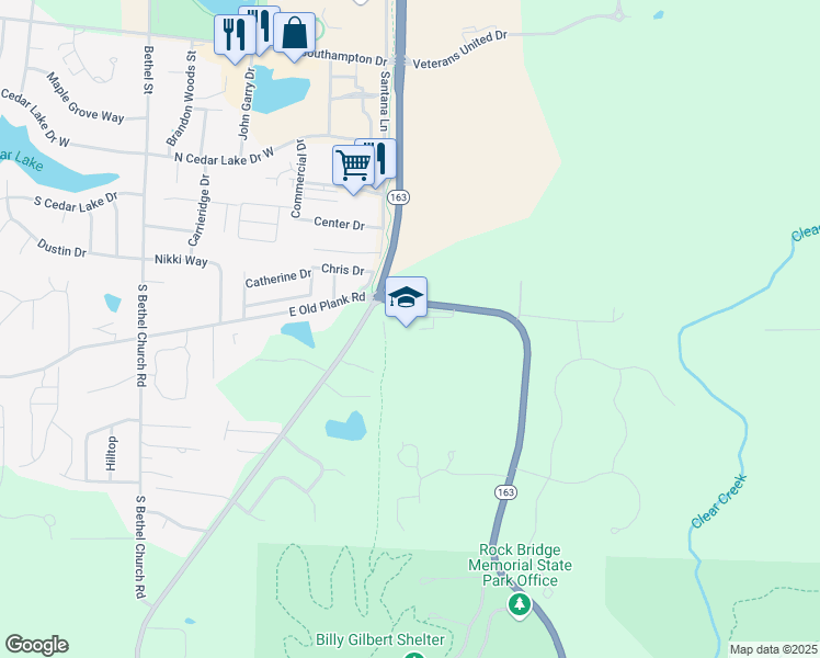 map of restaurants, bars, coffee shops, grocery stores, and more near 5151 Missouri 163 in Columbia