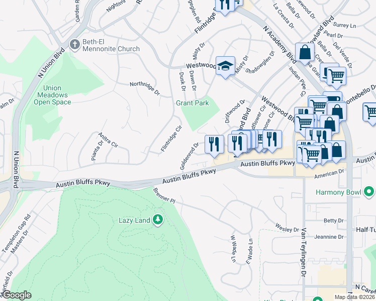 map of restaurants, bars, coffee shops, grocery stores, and more near 4106 Goldenrod Drive in Colorado Springs