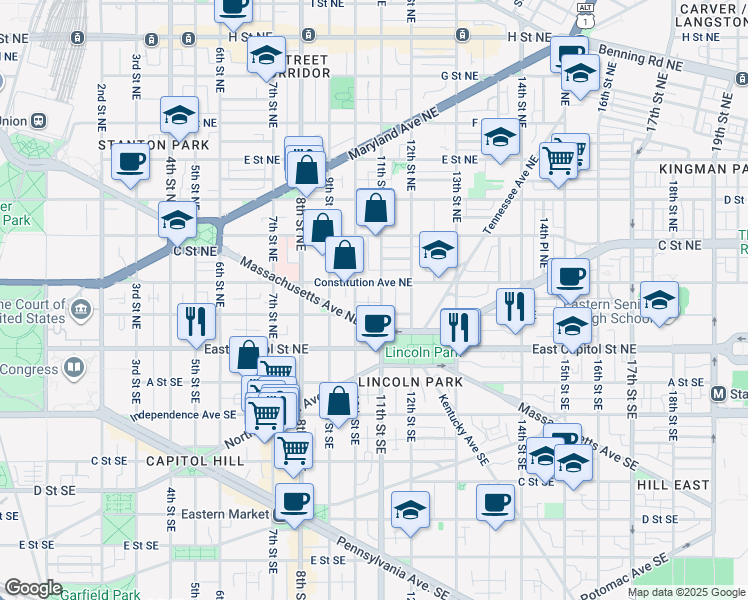 map of restaurants, bars, coffee shops, grocery stores, and more near 136 11th Street Northeast in Washington