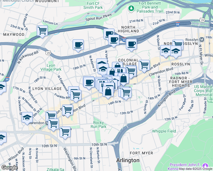 map of restaurants, bars, coffee shops, grocery stores, and more near 2201 Wilson Boulevard in Arlington