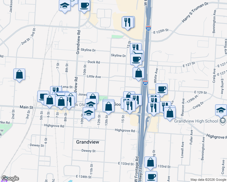 map of restaurants, bars, coffee shops, grocery stores, and more near 12820 14th Street in Grandview
