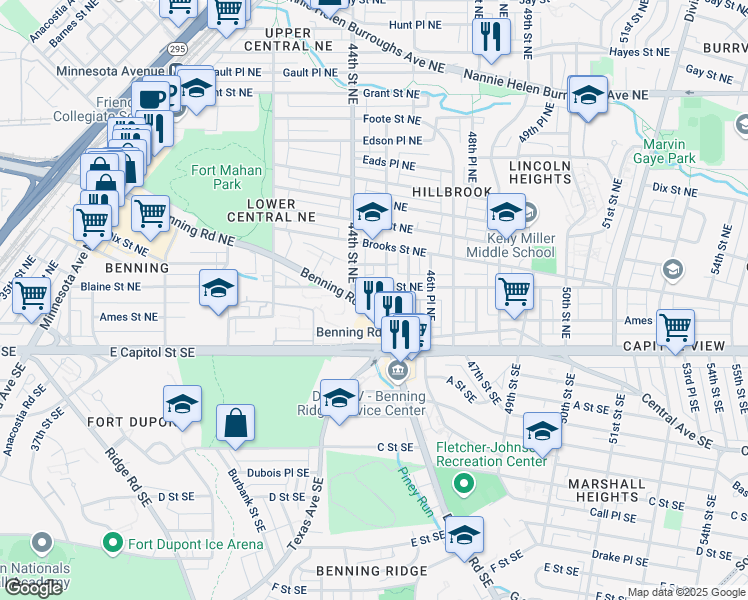 map of restaurants, bars, coffee shops, grocery stores, and more near 4414 Benning Road Northeast in Washington