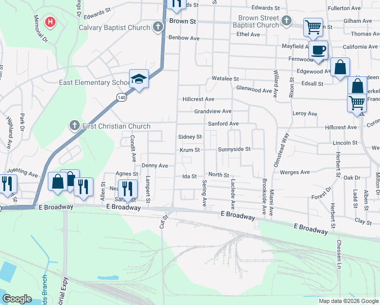 map of restaurants, bars, coffee shops, grocery stores, and more near 2624 Krum Street in Alton