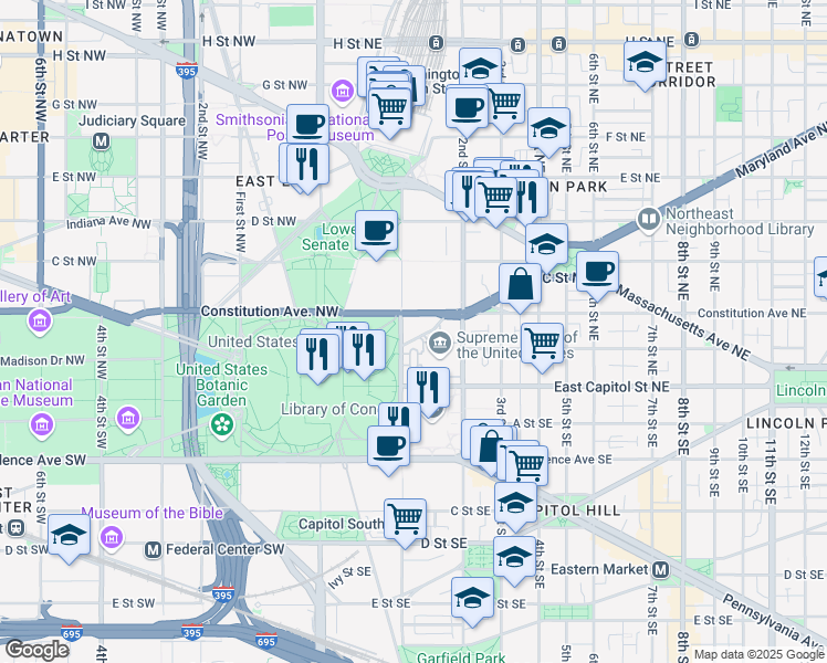 map of restaurants, bars, coffee shops, grocery stores, and more near 100 Maryland Avenue Northeast in Washington
