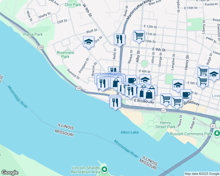 map of restaurants, bars, coffee shops, grocery stores, and more near 331 Belle Street in Alton