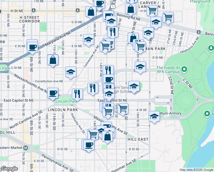 map of restaurants, bars, coffee shops, grocery stores, and more near 15th St NE & Ames Pl NE in Washington