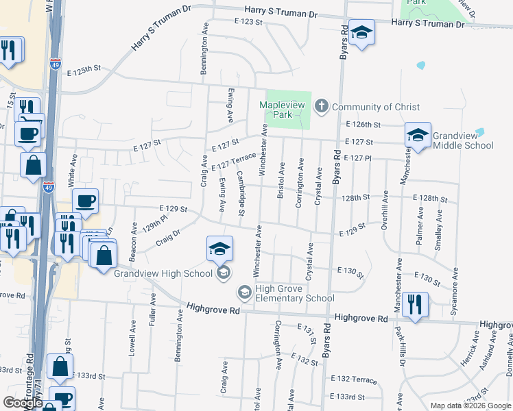 map of restaurants, bars, coffee shops, grocery stores, and more near 12812 Winchester Avenue in Grandview