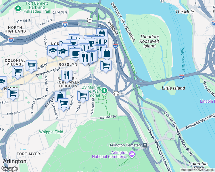 map of restaurants, bars, coffee shops, grocery stores, and more near 2100 Clarendon Boulevard in Arlington
