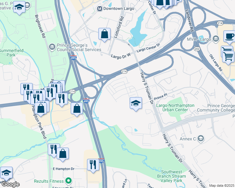 map of restaurants, bars, coffee shops, grocery stores, and more near 150 Capital Court in Largo