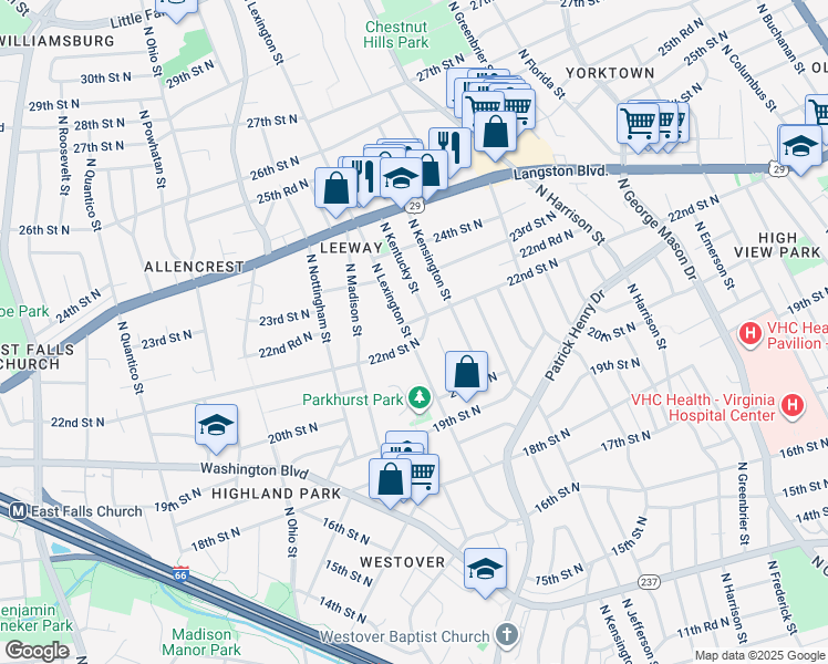 map of restaurants, bars, coffee shops, grocery stores, and more near 2119 North Lexington Street in Arlington