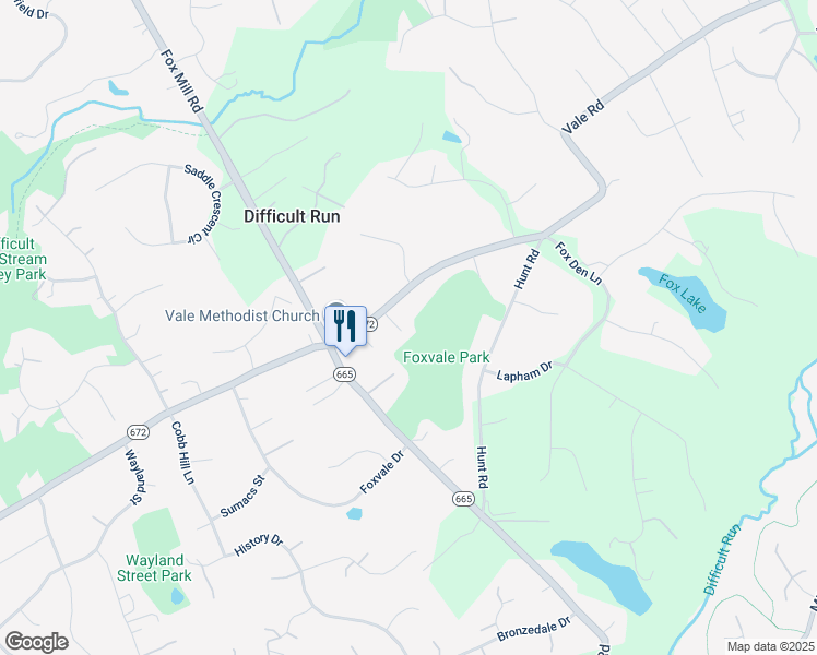 map of restaurants, bars, coffee shops, grocery stores, and more near 11517 Vale Road in Oakton