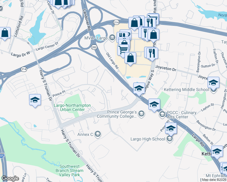 map of restaurants, bars, coffee shops, grocery stores, and more near 10240 Prince Place in Largo