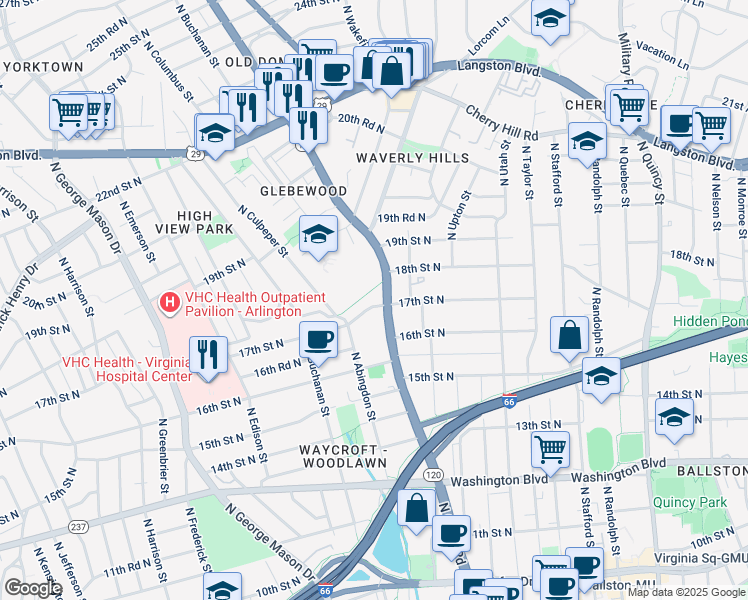 map of restaurants, bars, coffee shops, grocery stores, and more near 4639 17th Street North in Arlington