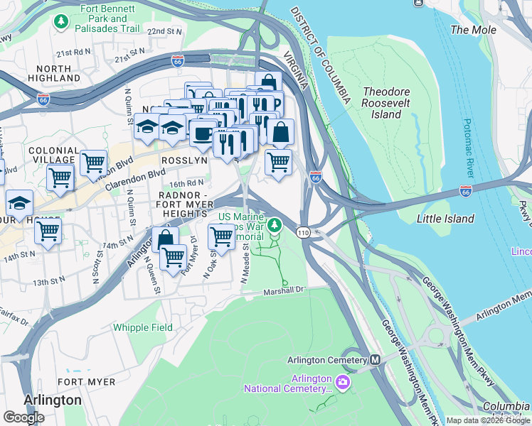 map of restaurants, bars, coffee shops, grocery stores, and more near 1425 North Meade Street in Arlington