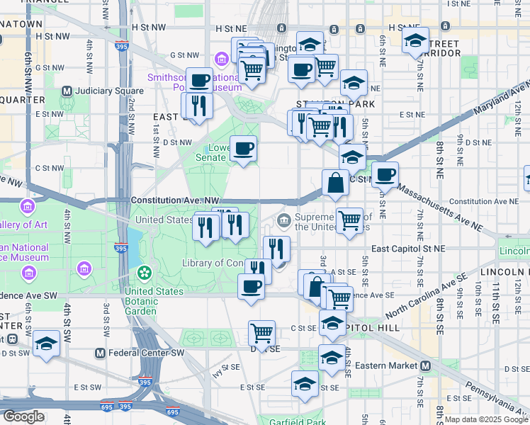 map of restaurants, bars, coffee shops, grocery stores, and more near 101 Independence Avenue Southeast in Washington
