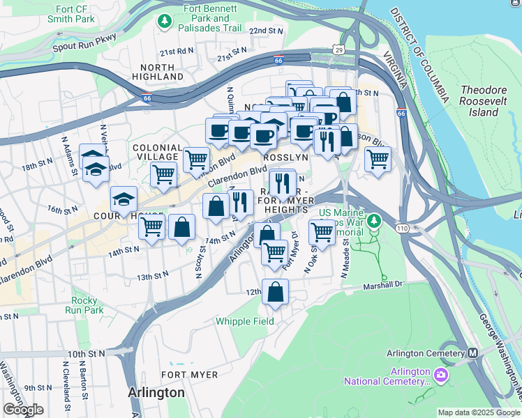 map of restaurants, bars, coffee shops, grocery stores, and more near 1515 North Queen Street in Arlington