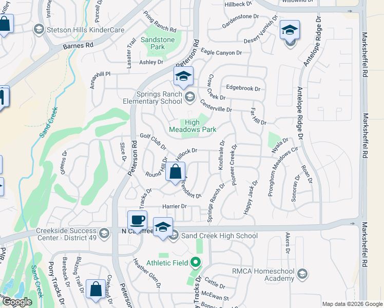 map of restaurants, bars, coffee shops, grocery stores, and more near 7032 Hillock Drive in Colorado Springs