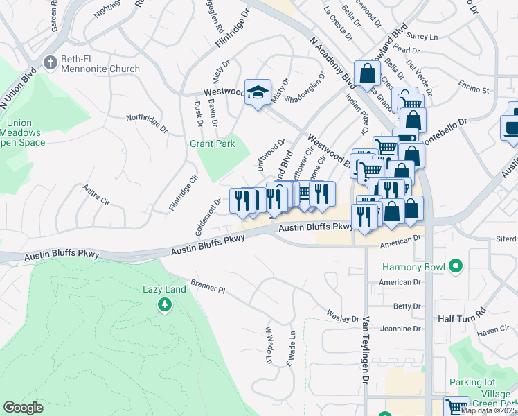 map of restaurants, bars, coffee shops, grocery stores, and more near 3524 Indianpipe Circle in Colorado Springs