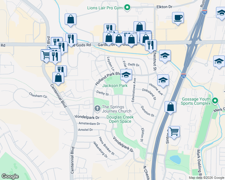 map of restaurants, bars, coffee shops, grocery stores, and more near 4118 Forrest Hill Road in Colorado Springs