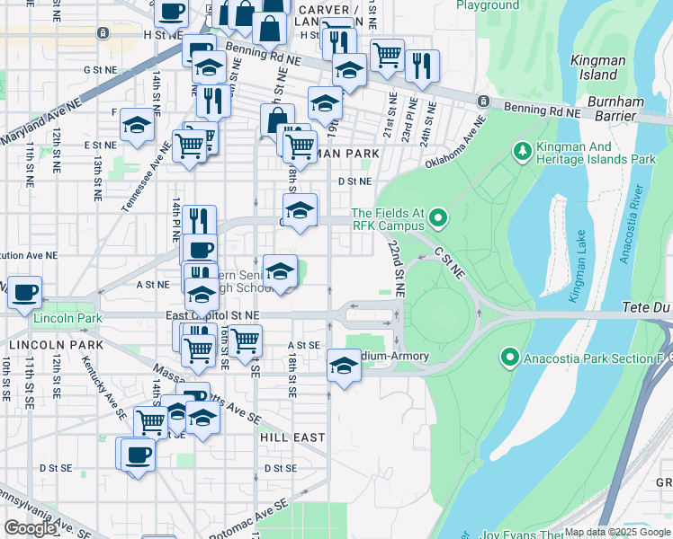 map of restaurants, bars, coffee shops, grocery stores, and more near 101 Independence Avenue Southeast in Washington