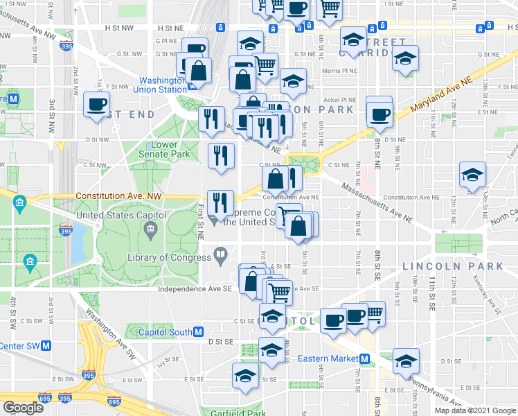 map of restaurants, bars, coffee shops, grocery stores, and more near 101 Independence Avenue Southeast in Washington