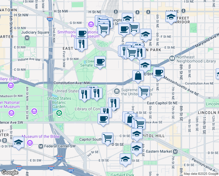 map of restaurants, bars, coffee shops, grocery stores, and more near 101 Independence Avenue Southeast in Washington