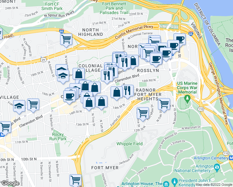 map of restaurants, bars, coffee shops, grocery stores, and more near 101 Independence Avenue Southeast in Washington