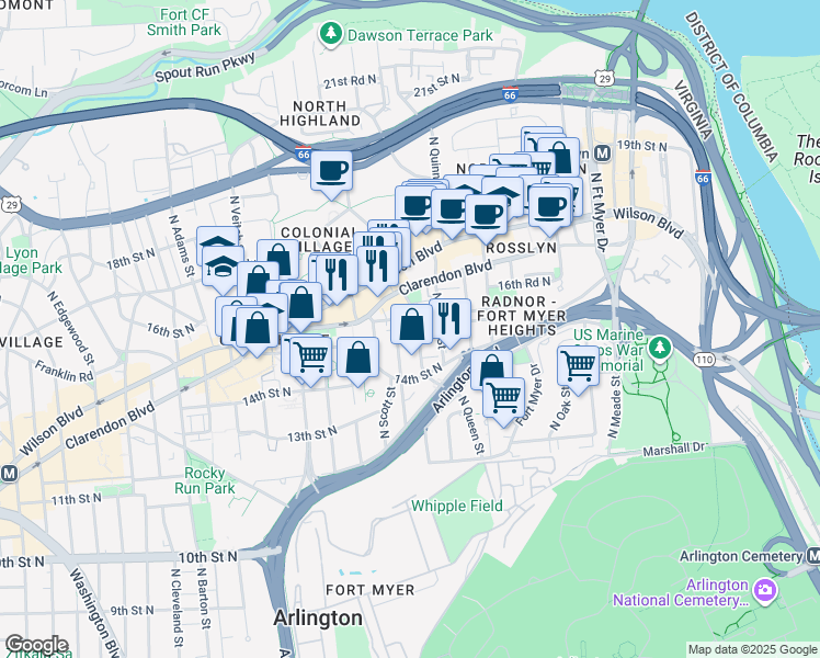 map of restaurants, bars, coffee shops, grocery stores, and more near 101 Independence Avenue Southeast in Washington